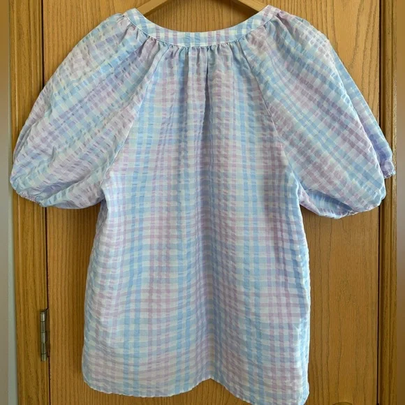 LOFT Blue & Lavender Pastel Gingham Tie-Neck Puff Sleeve Blouse Women’s Size L - Picture 6 of 11
